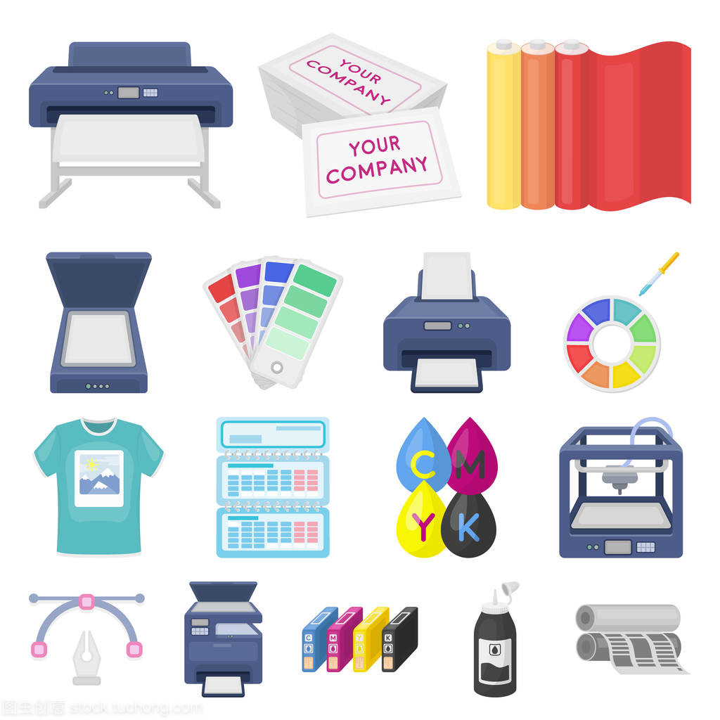 印刷產(chǎn)品卡通圖標集合中的設(shè)計。印刷和設(shè)備矢量符號庫存 web 插圖